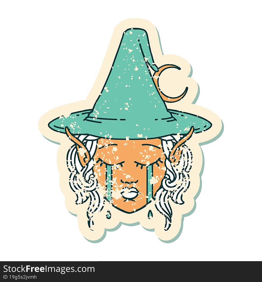 Retro Tattoo Style crying elf mage character face. Retro Tattoo Style crying elf mage character face