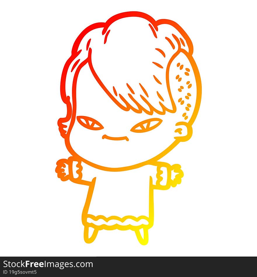 Warm Gradient Line Drawing Cute Cartoon Girl With Hipster Haircut