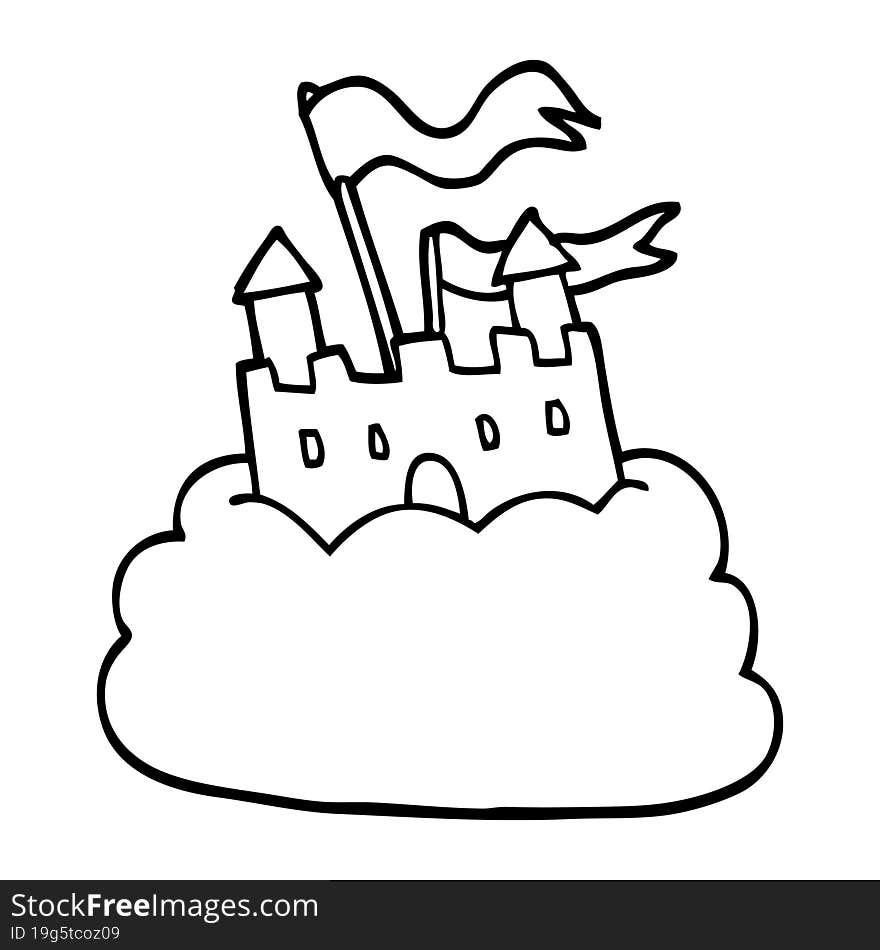 line drawing cartoon castle on cloud