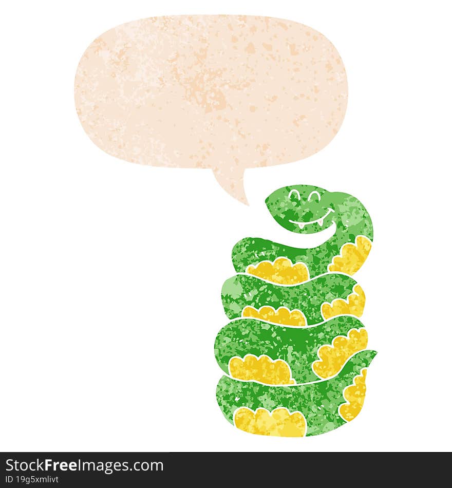 cartoon snake and speech bubble in retro textured style