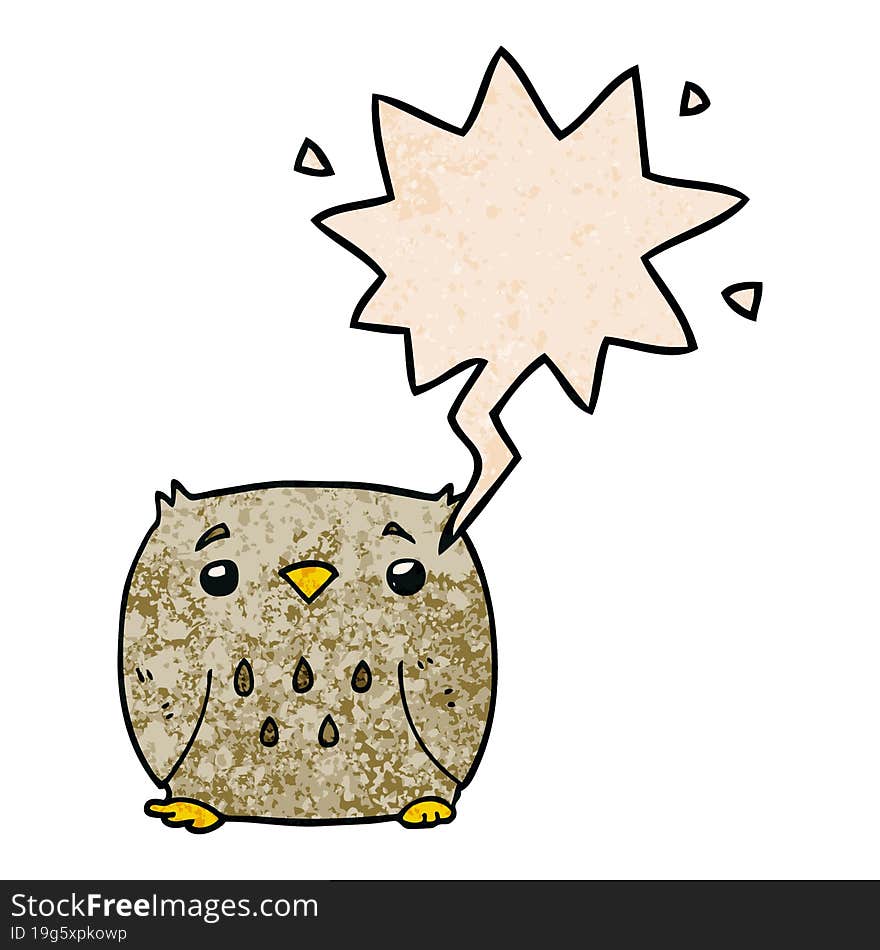 cartoon owl and speech bubble in retro texture style