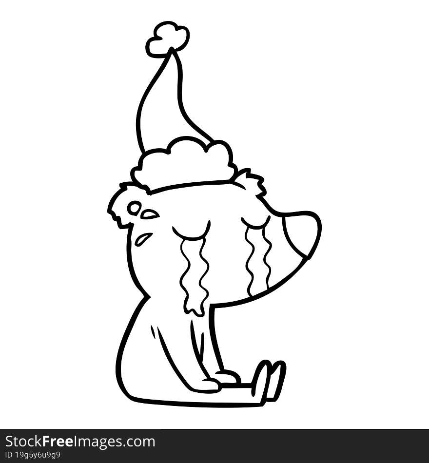 line drawing of a crying sitting polar bear wearing santa hat