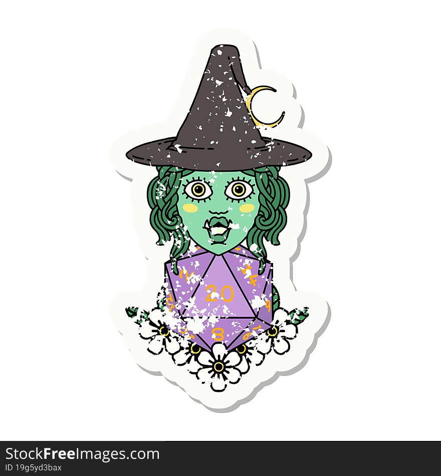 Half Orc Witch With Natural Twenty Dice Roll Grunge Sticker