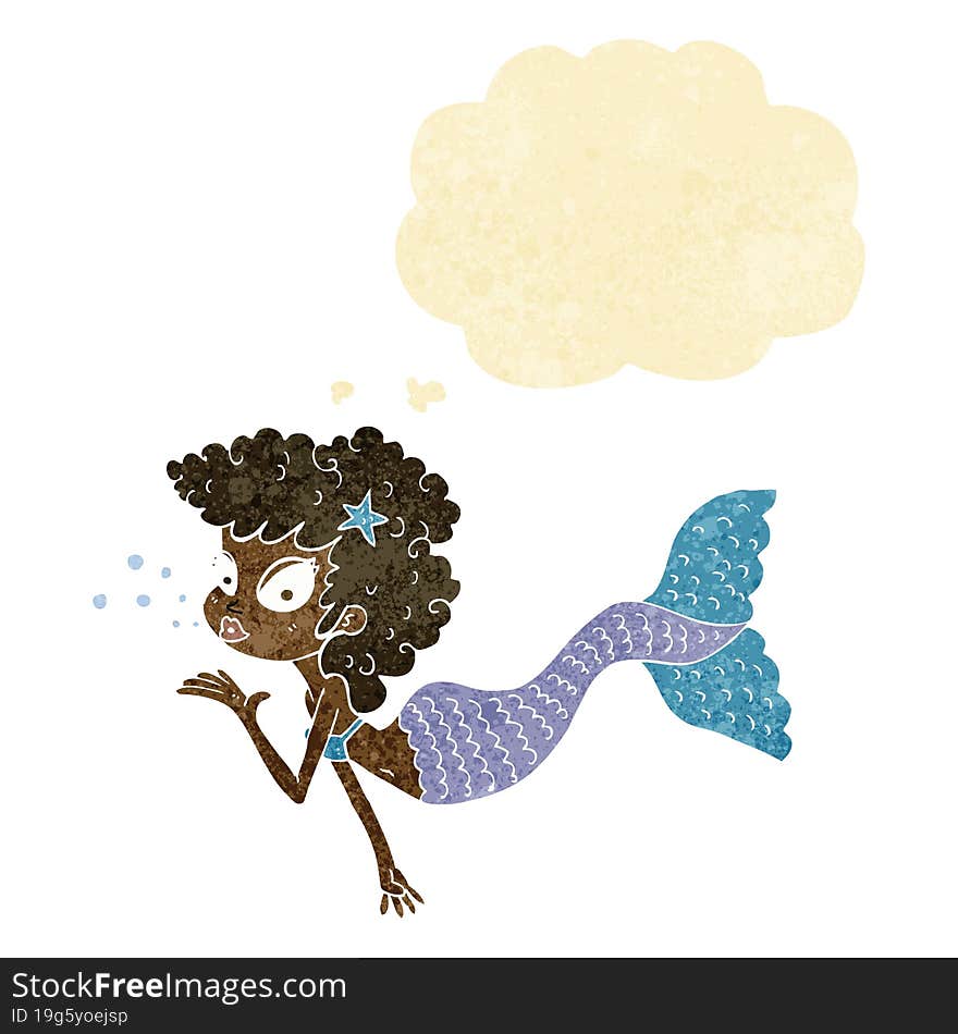 cartoon mermaid blowing kiss with thought bubble