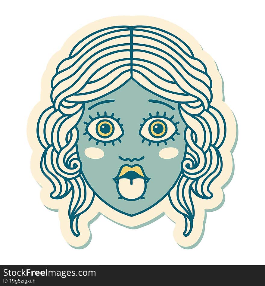 tattoo style sticker of female face sticking out tongue