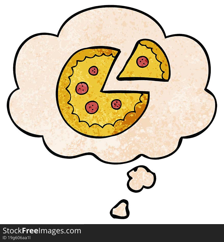 cartoon pizza and thought bubble in grunge texture pattern style