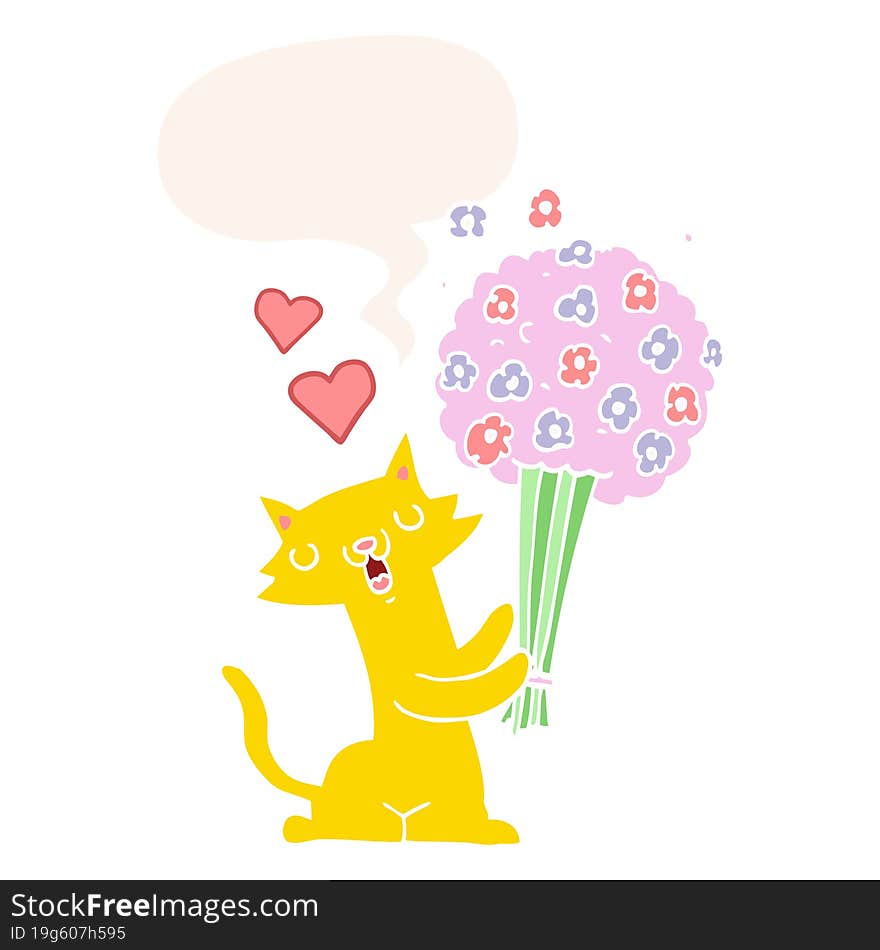 cartoon cat in love and flowers and speech bubble in retro style