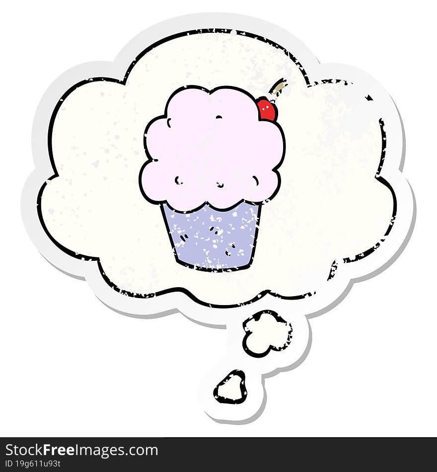 cartoon cupcake with thought bubble as a distressed worn sticker