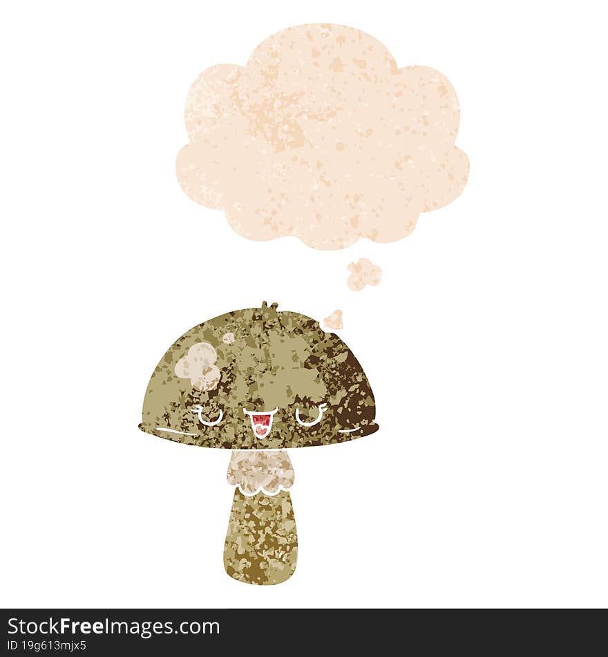 cartoon mushroom with thought bubble in grunge distressed retro textured style. cartoon mushroom with thought bubble in grunge distressed retro textured style