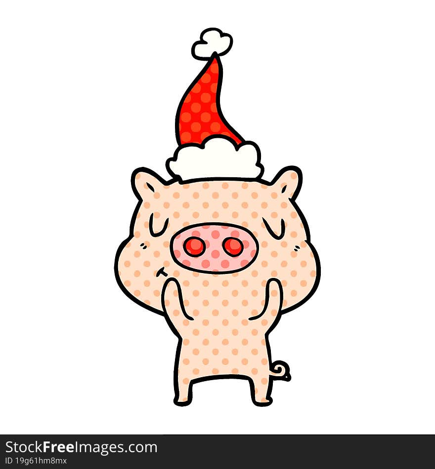 comic book style illustration of a content pig wearing santa hat