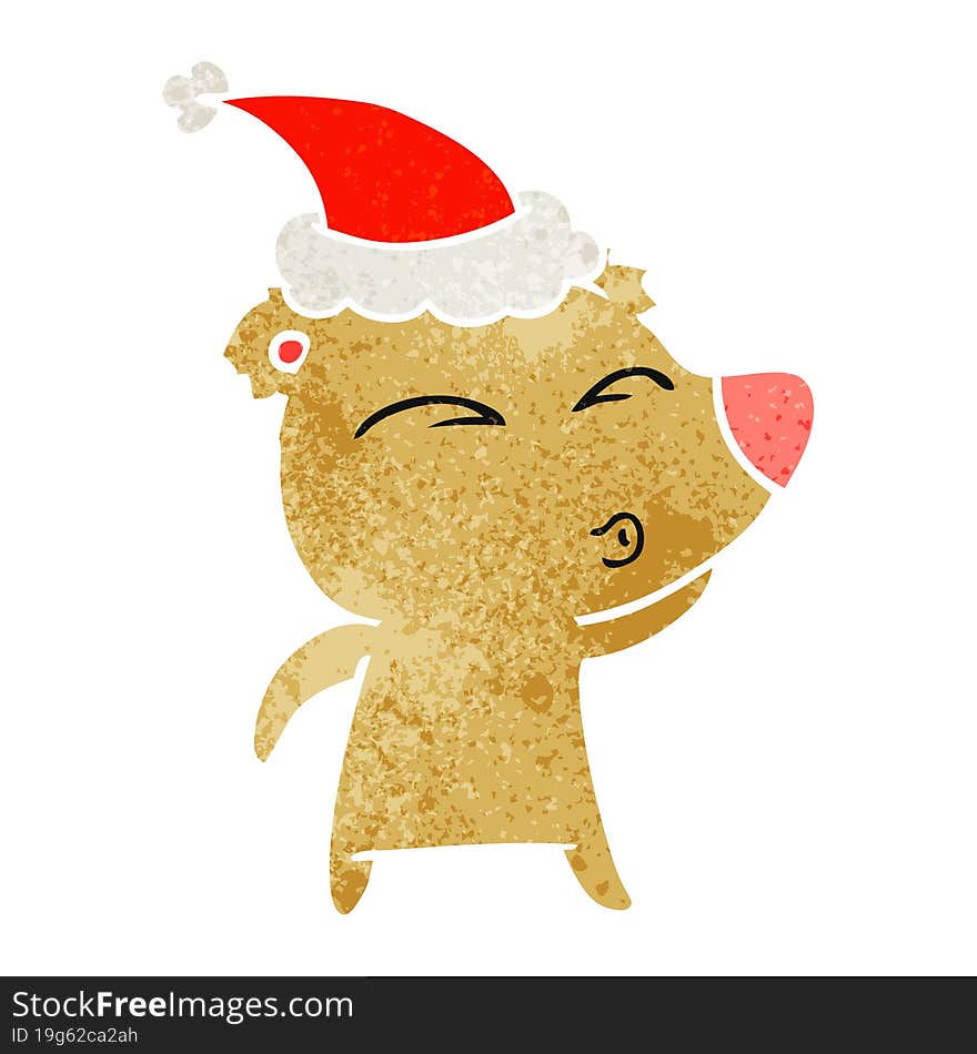 retro cartoon of a whistling bear wearing santa hat