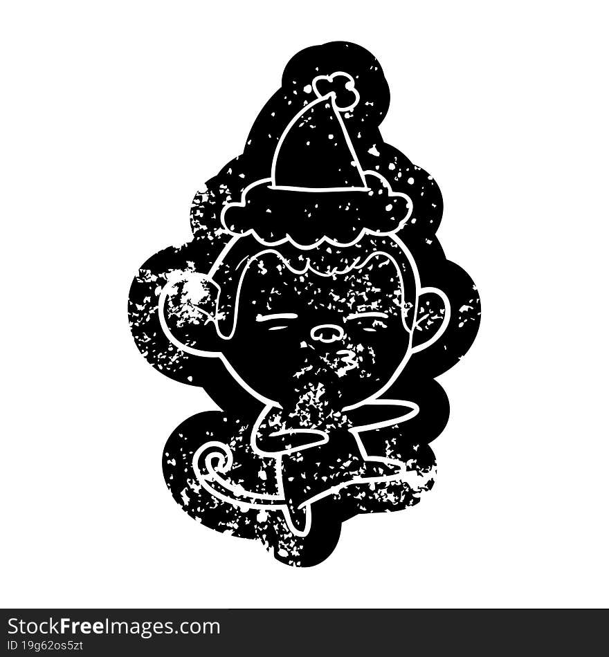 cartoon distressed icon of a suspicious monkey wearing santa hat