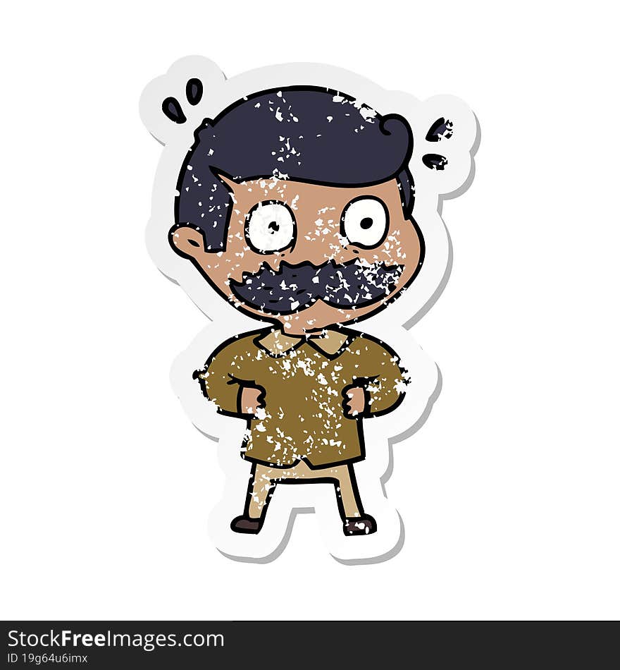 Distressed Sticker Of A Cartoon Man With Mustache Shocked