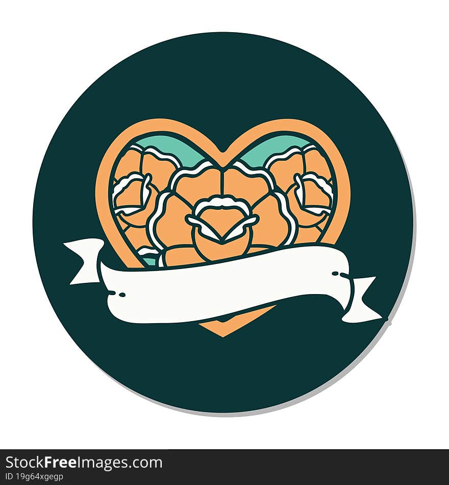 Tattoo Style Sticker Of A Heart And Banner With Flowers