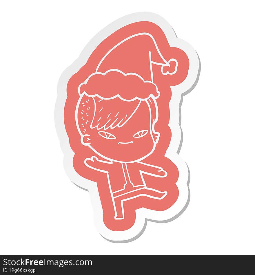 cute quirky cartoon  sticker of a girl with hipster haircut wearing santa hat