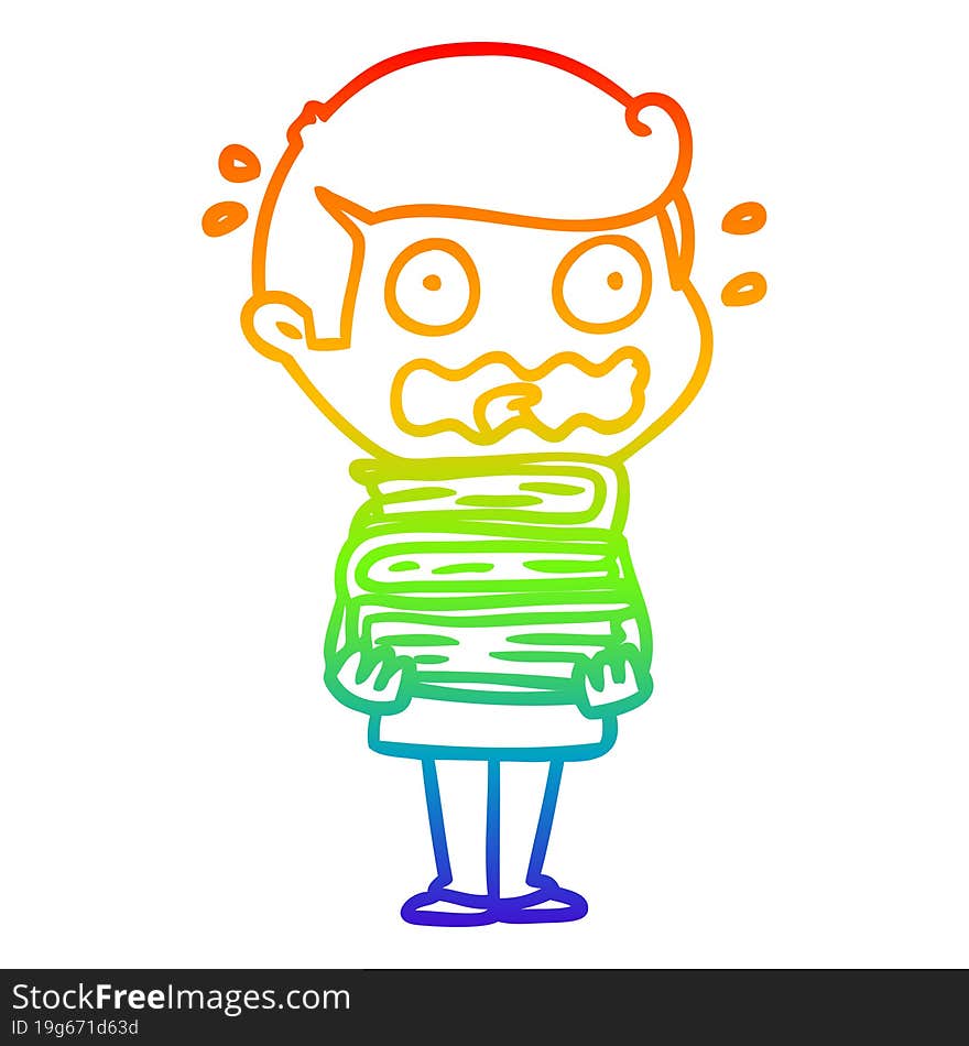 rainbow gradient line drawing cartoon man with books totally stressed out