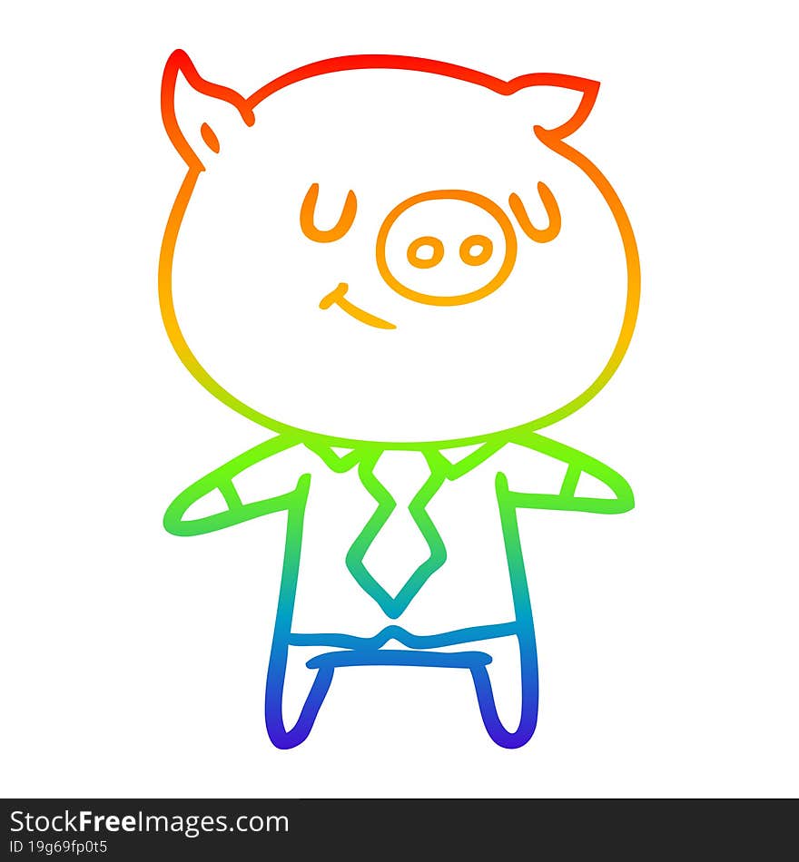 rainbow gradient line drawing of a happy cartoon smart pig