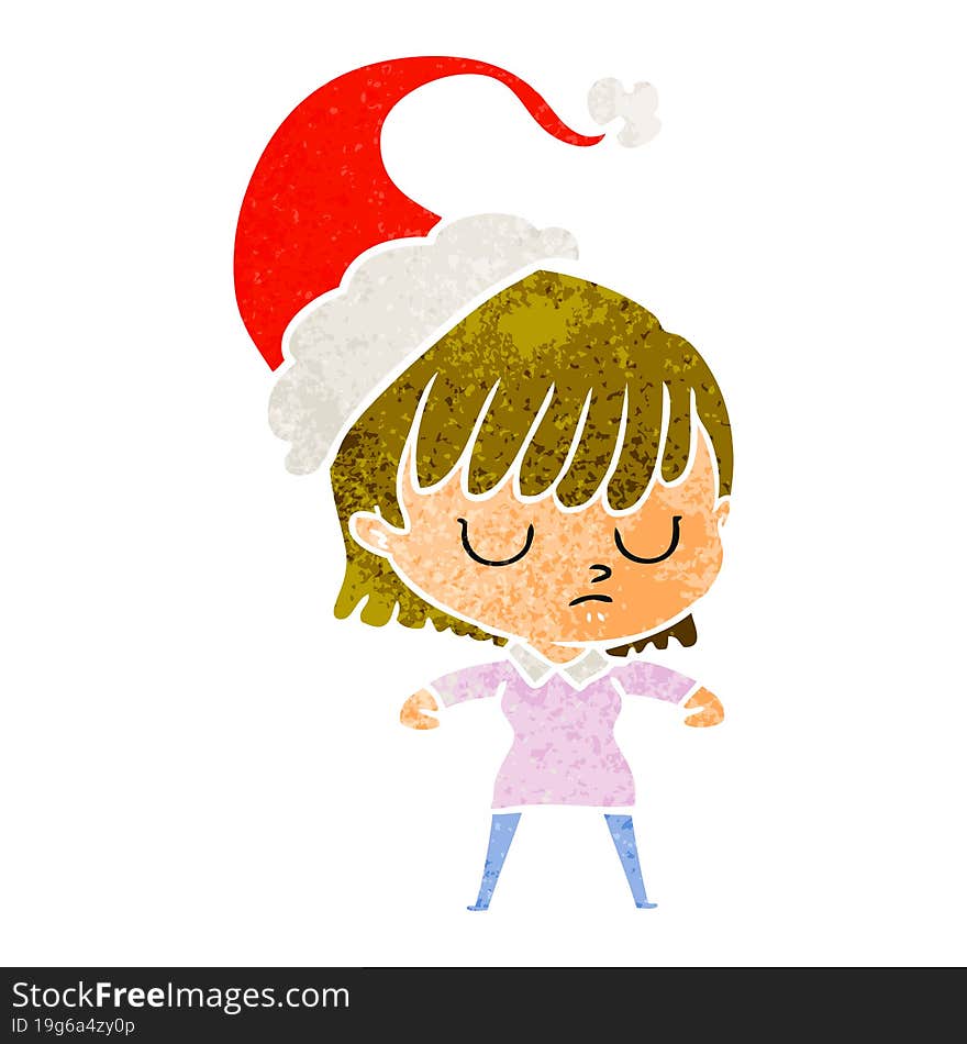 hand drawn retro cartoon of a woman wearing santa hat