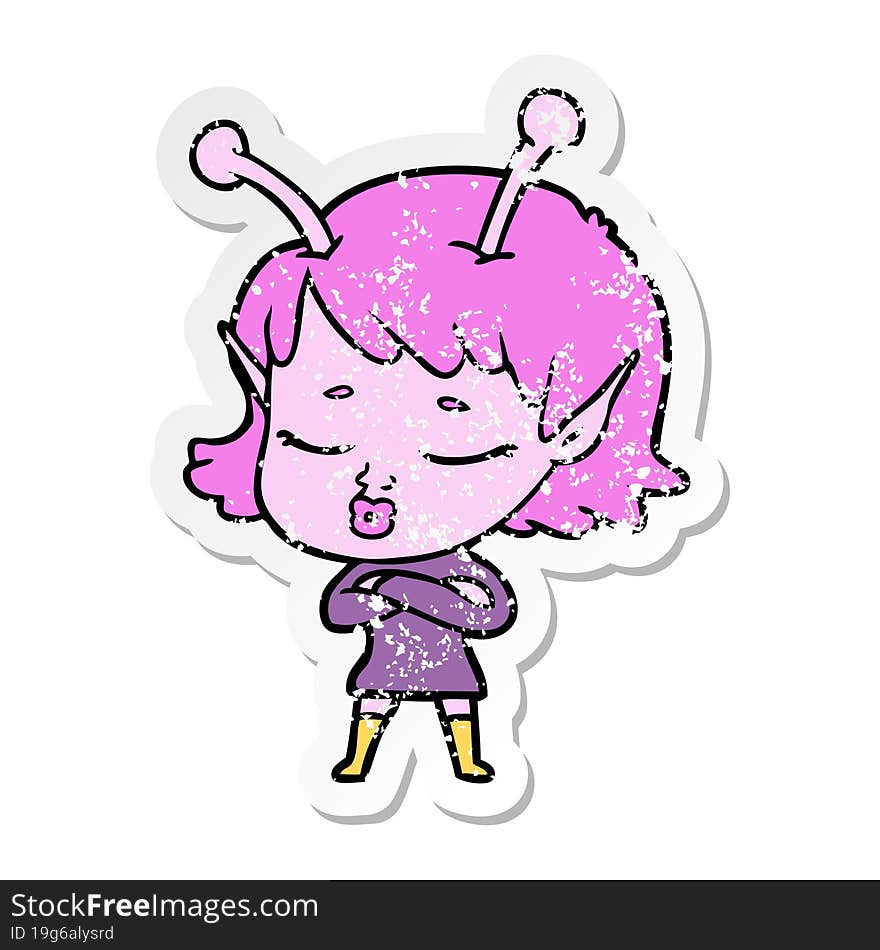 distressed sticker of a cute alien girl cartoon