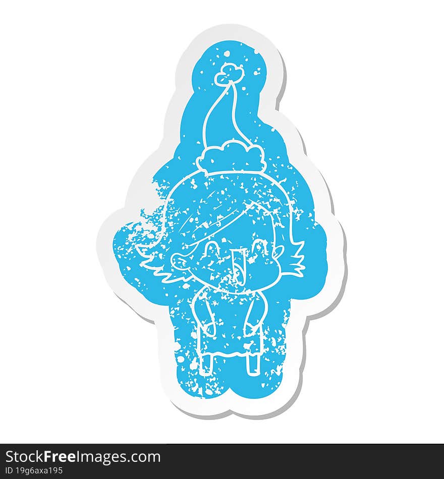 cartoon distressed sticker of a laughing woman wearing santa hat