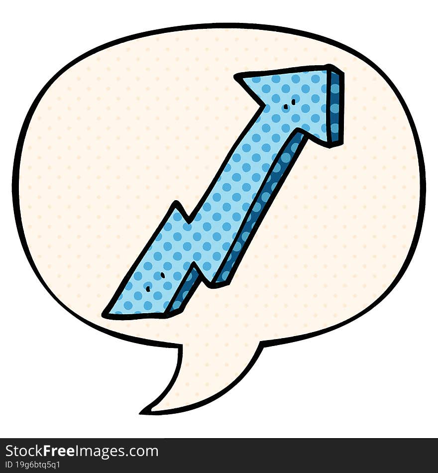 cartoon positive growth arrow and speech bubble in comic book style