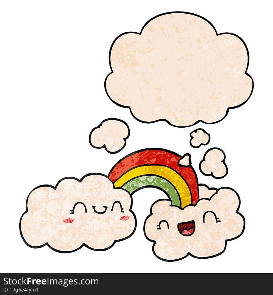 Happy Cartoon Clouds And Rainbow And Thought Bubble In Grunge Texture Pattern Style