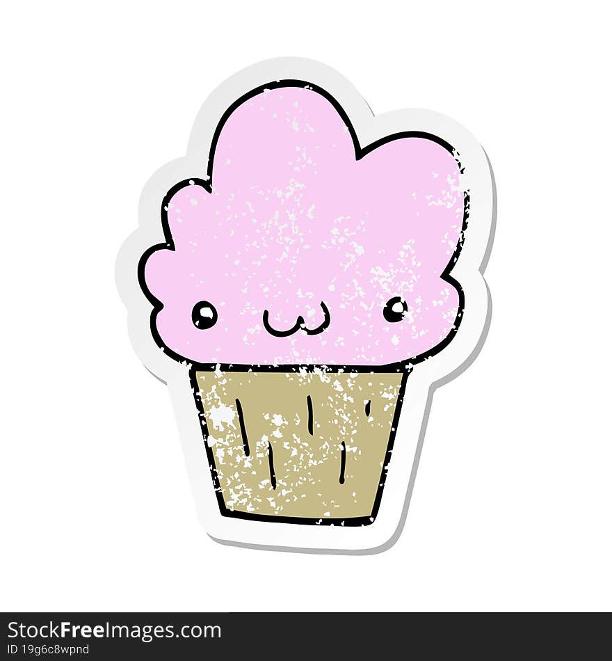 Distressed Sticker Of A Cartoon Cupcake With Face