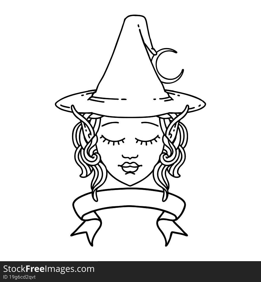 Black and White Tattoo linework Style elf mage character face with banner. Black and White Tattoo linework Style elf mage character face with banner