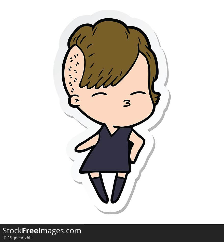 sticker of a cartoon squinting girl in dress