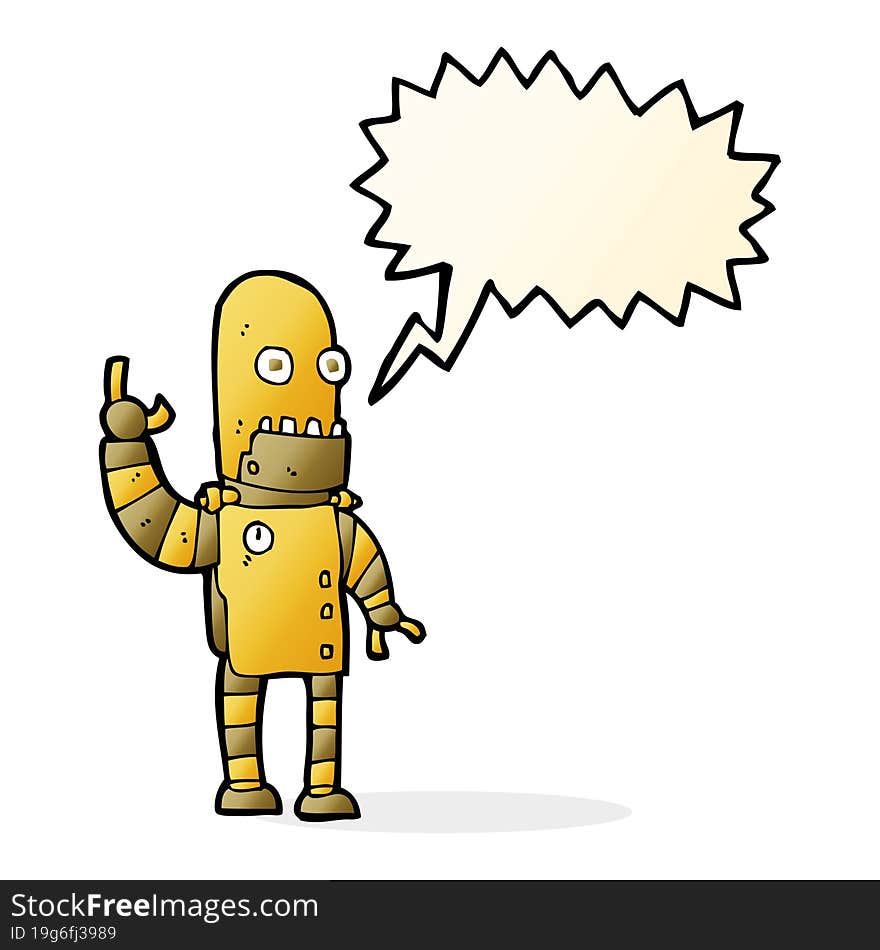 cartoon waving gold robot with speech bubble