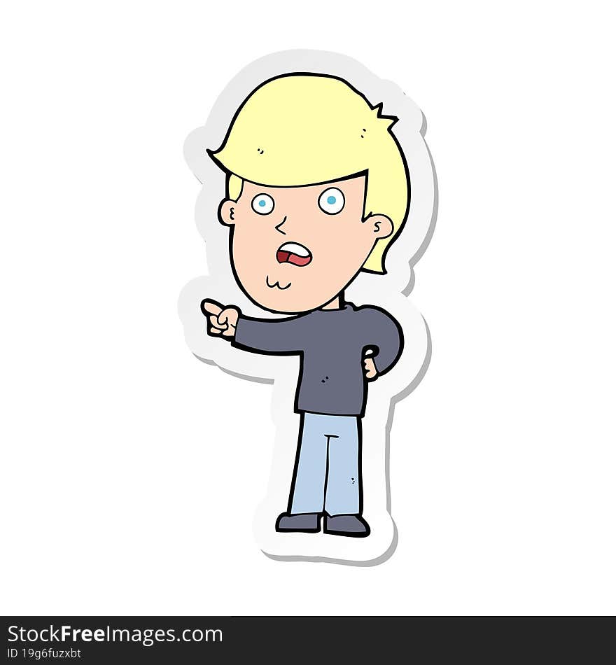 sticker of a cartoon shocked man pointing