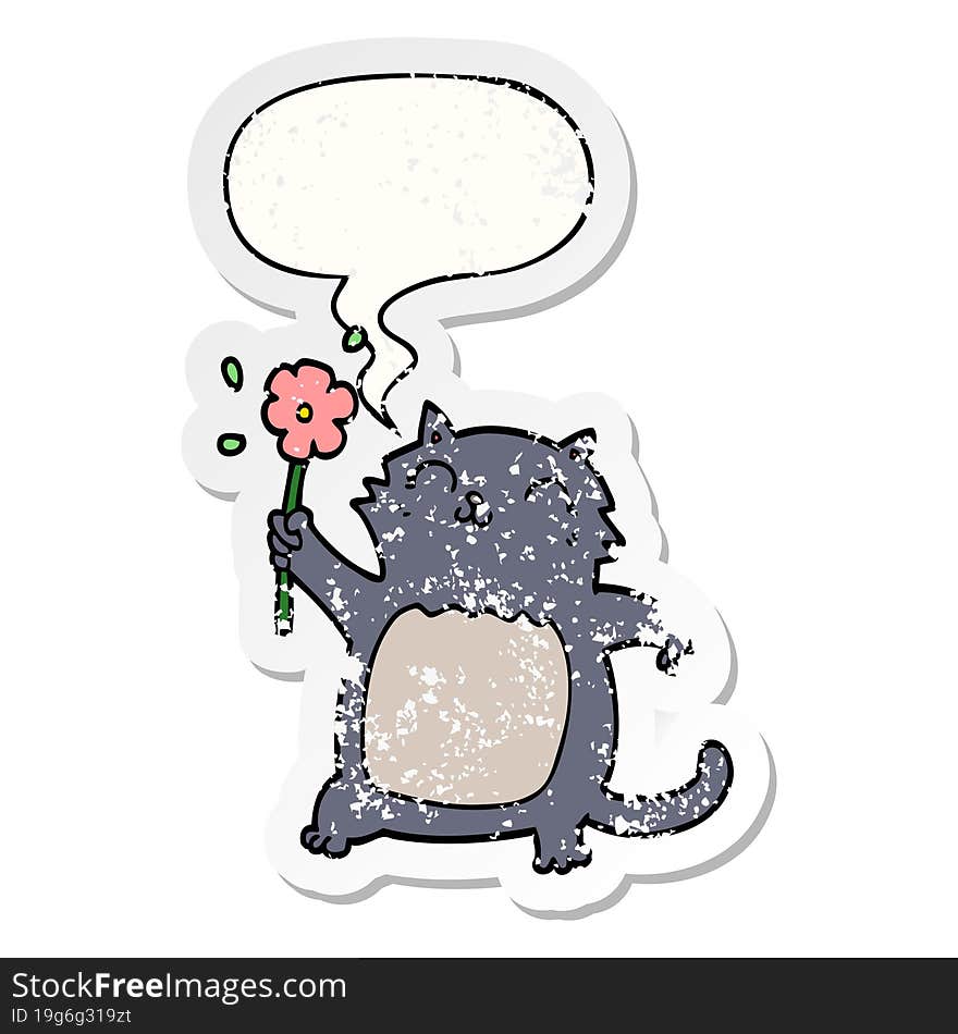 cartoon cat and flower and speech bubble distressed sticker