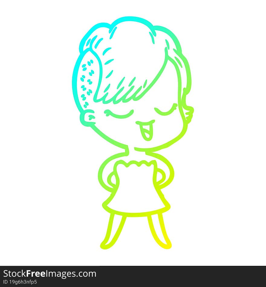 cold gradient line drawing of a happy cartoon girl in cocktail dress