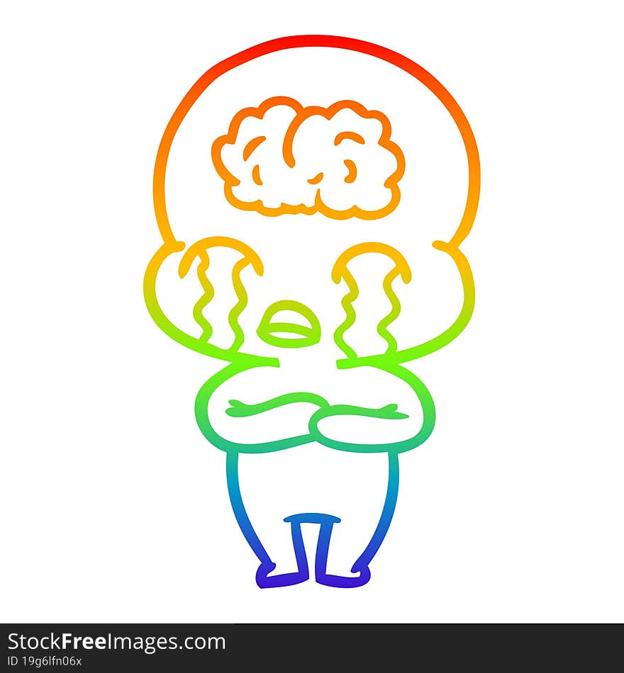 rainbow gradient line drawing of a cartoon big brain alien crying