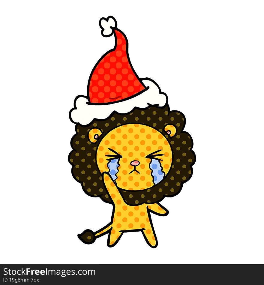 comic book style illustration of a crying lion wearing santa hat