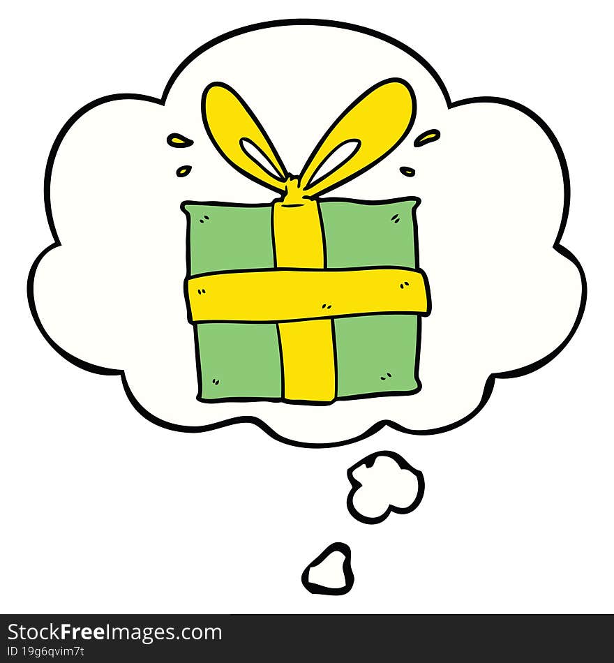 cartoon wrapped gift and thought bubble