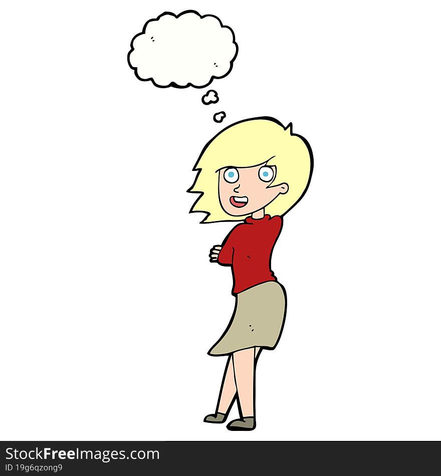 cartoon happy woman with thought bubble