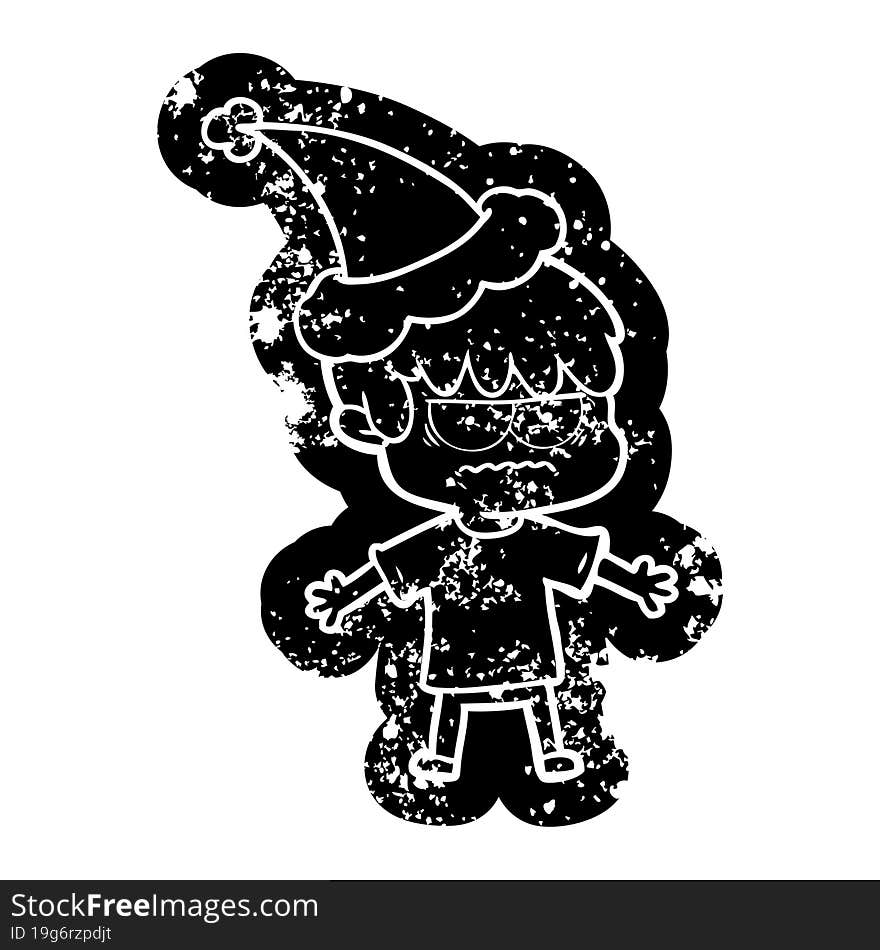 annoyed cartoon distressed icon of a boy wearing santa hat