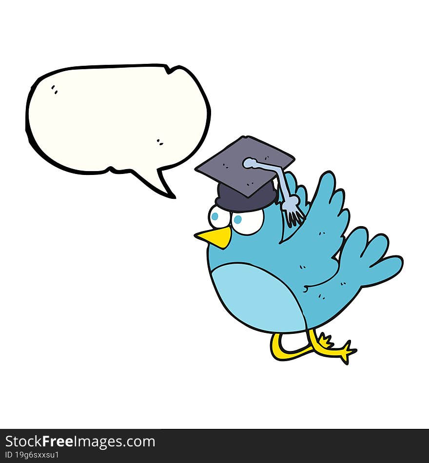 freehand drawn speech bubble cartoon bird wearing graduation cap