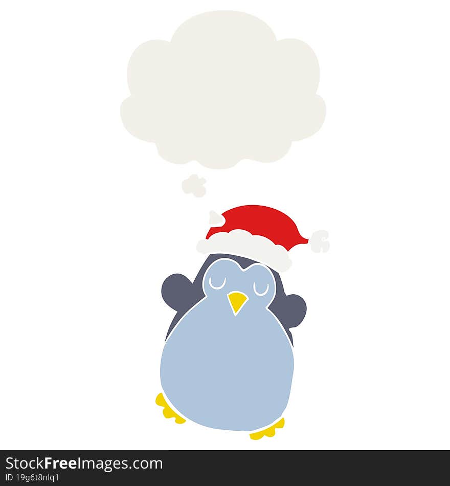 Cute Christmas Penguin And Thought Bubble In Retro Style