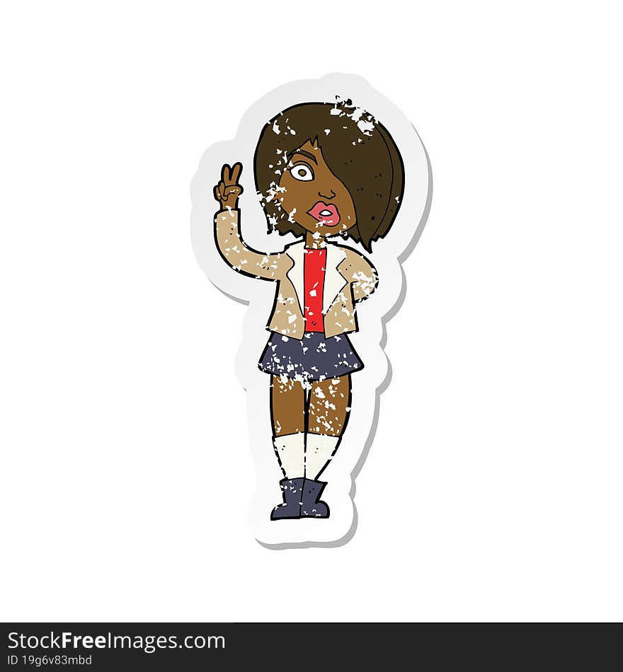 Retro Distressed Sticker Of A Cartoon Cool Girl Giving Peace Sign