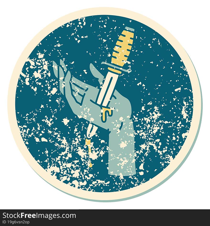 distressed sticker tattoo style icon of a dagger in the hand