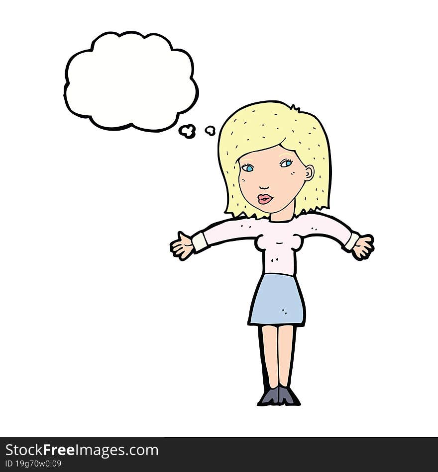 cartoon woman shrugging shoulders with thought bubble