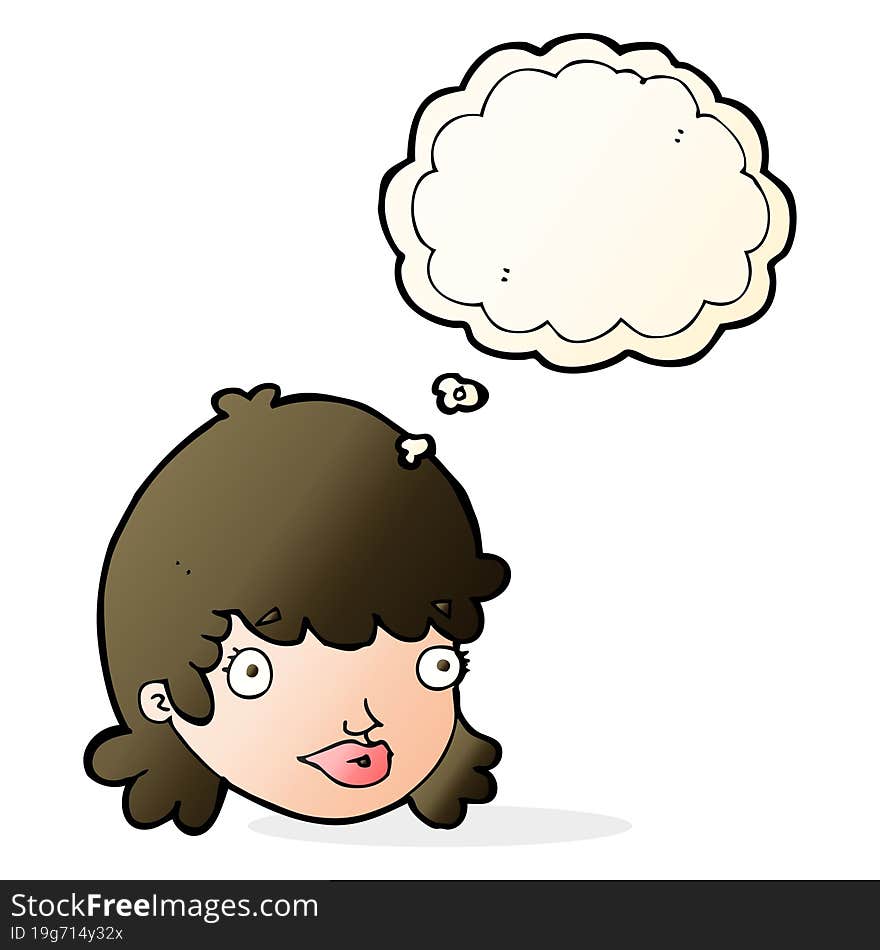 cartoon female face with surprised expression with thought bubble