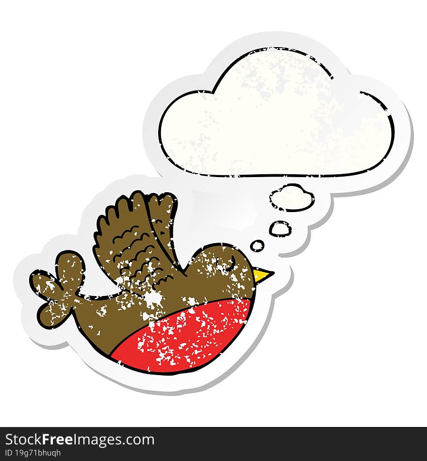 cartoon flying bird with thought bubble as a distressed worn sticker