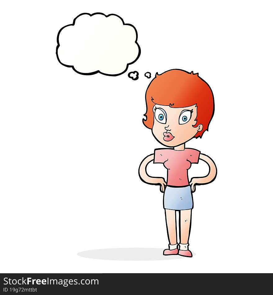 cartoon woman with hands on hips with thought bubble