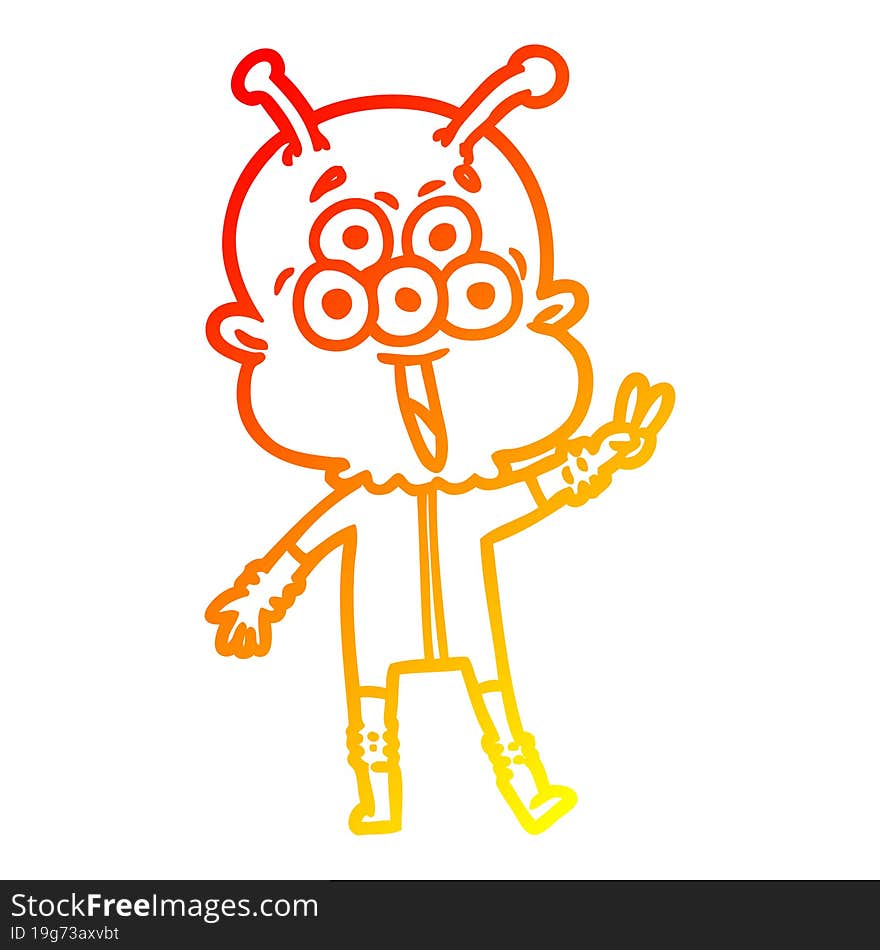 warm gradient line drawing happy cartoon alien waving peace gesture