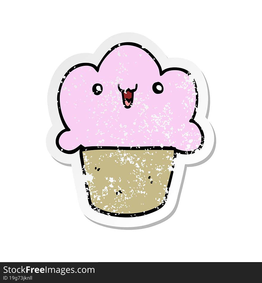 Distressed Sticker Of A Cartoon Cupcake With Face