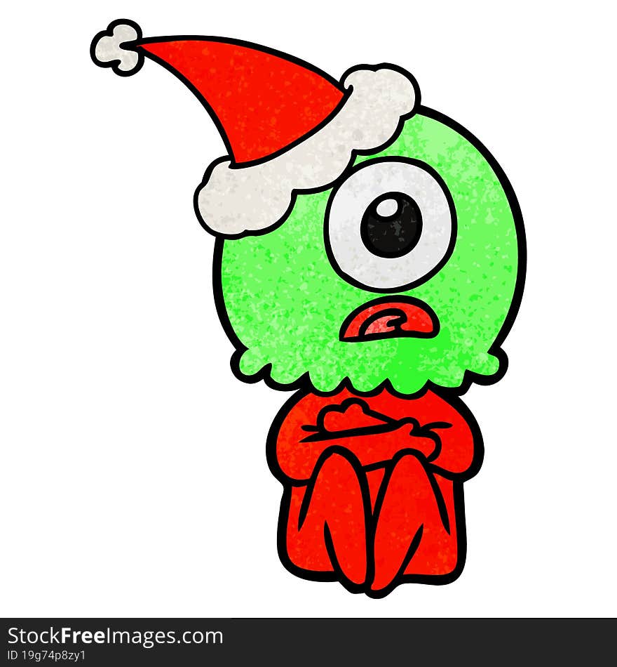 Textured Cartoon Of A Cyclops Alien Spaceman Wearing Santa Hat