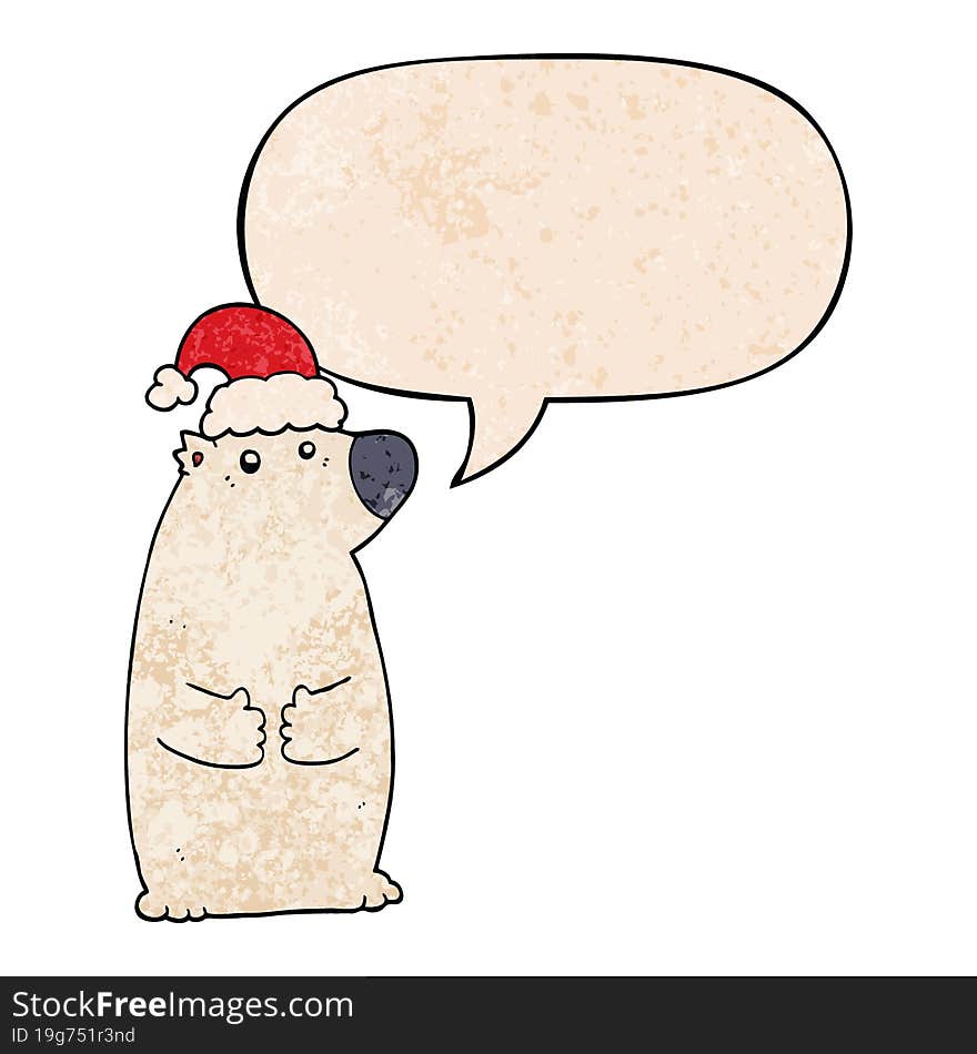 cartoon bear wearing christmas hat and speech bubble in retro texture style